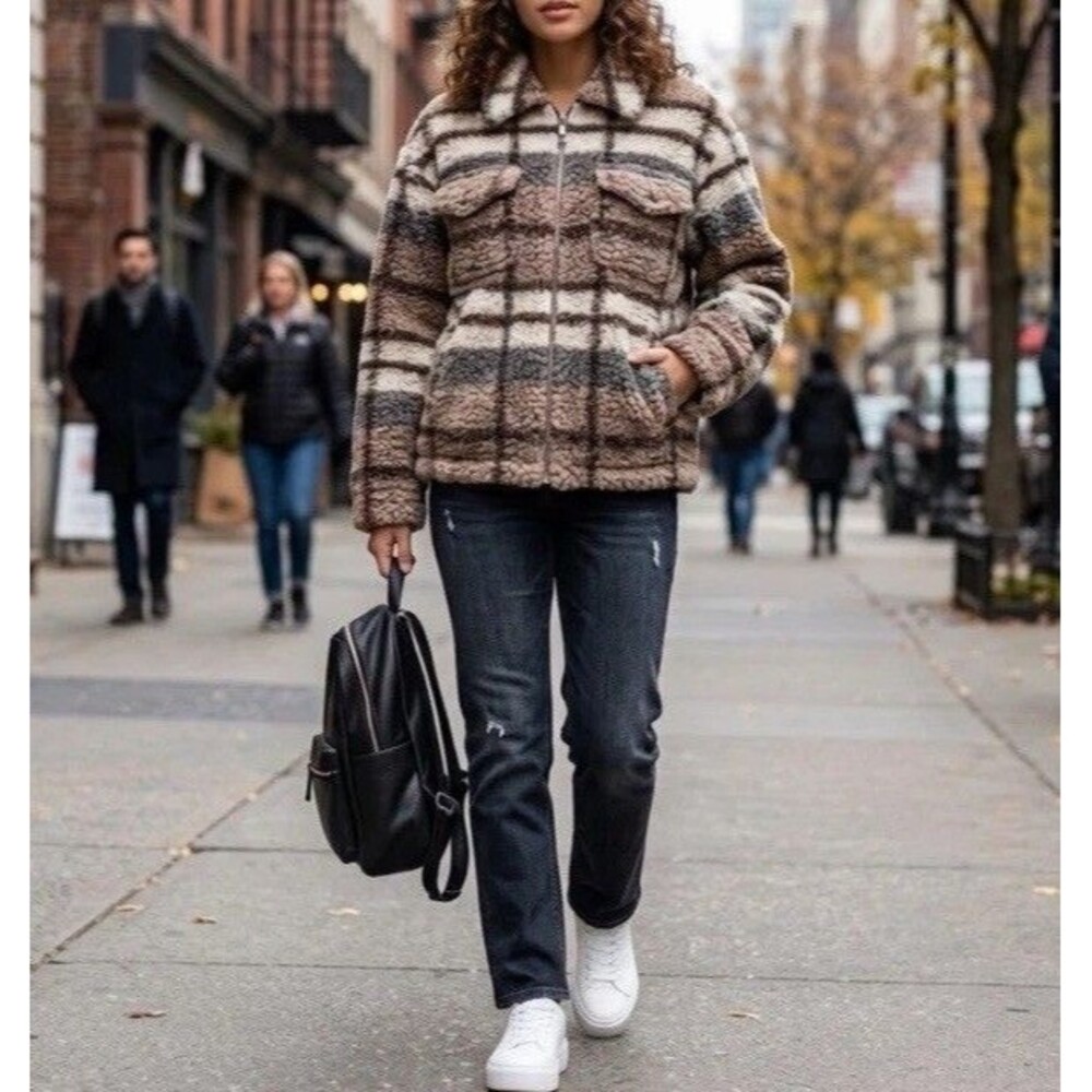 Stoosh Sherpa Fleece Jacket Womens Medium Plaid Zip Up Teddy Coat Fuzzy Brown XL